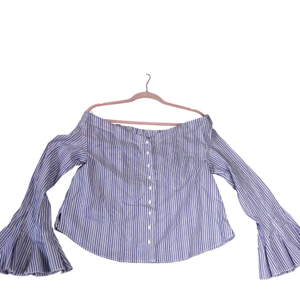 Free People Off The Shoulder Top Womens Large Blue White Striped Bell Sleeve